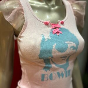DAVID BOWIE Ziggy Stardust Graffiti eye-patch punk tulle lace-up keyhole tank S